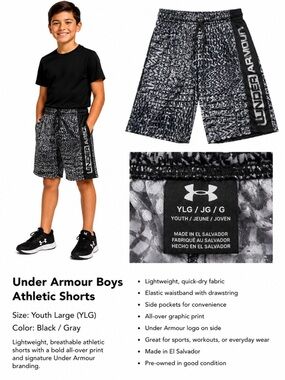 Under Armour Boys Black and Gray Graphic Athletic Shorts